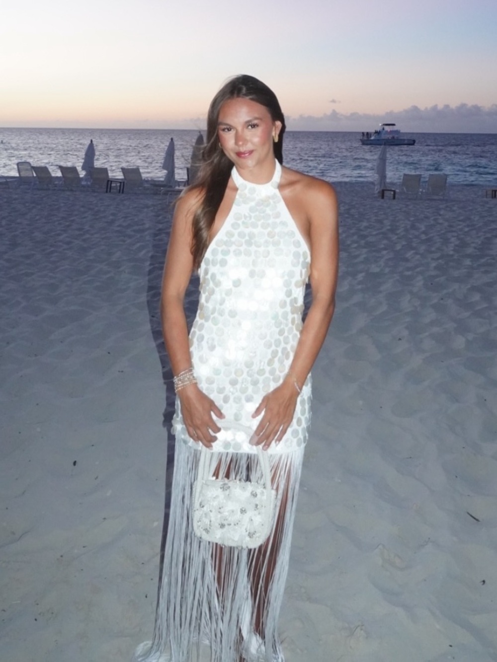 White Halter Sequin Fringe Mini Dress